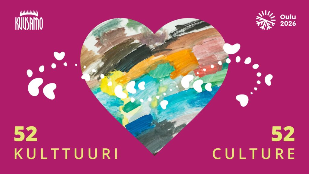Mainos 52 sydän kulttuuri kampanjasta kuvassa sydän jossa vesivärimaalausta ja fuksian värinen tausta.