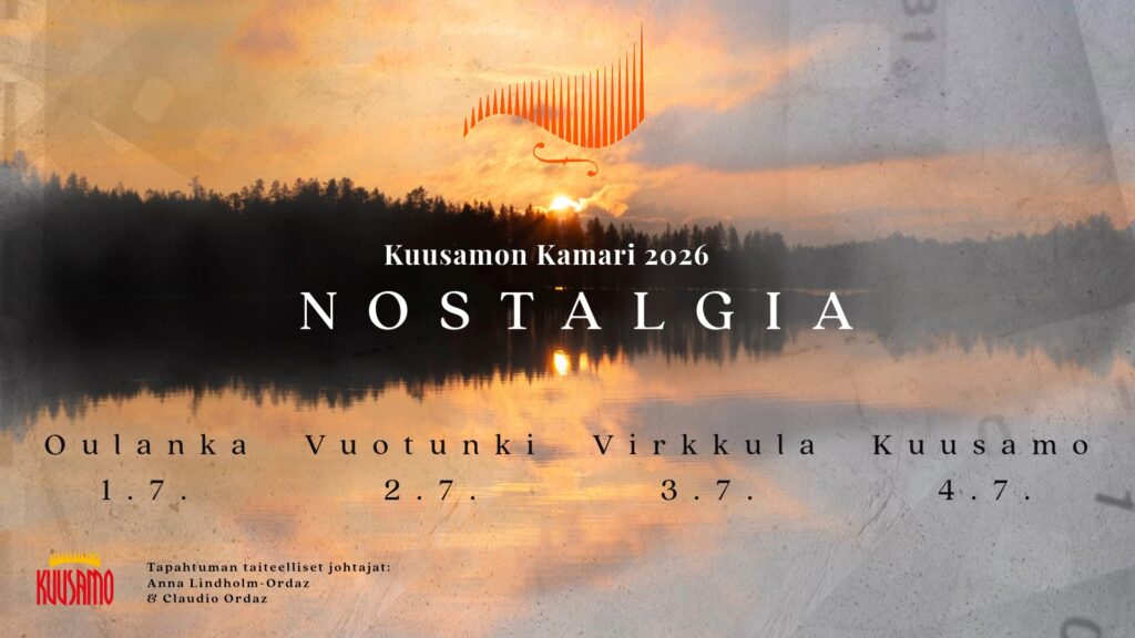 Kuvassa auringonlasku ja listattuna Kuusamon Kamari 2026 konserttipaikat.